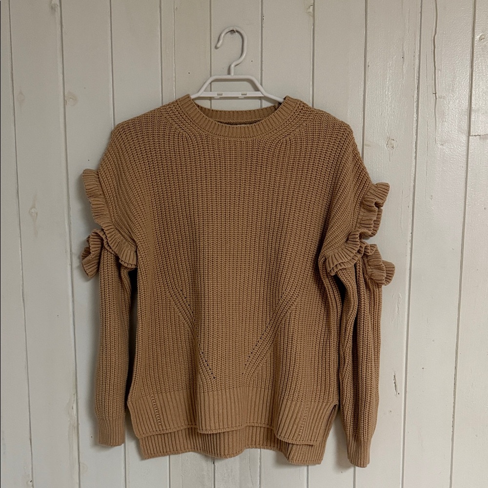 Miss Selfridge Women's Ruffle Sleeve Sweater - Tan cold shoulder small